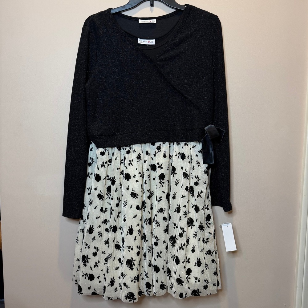 NWT Knit Works Big Kid Girls Black/Cream Floral 2 Pc Dress Set Size 16 Formal
